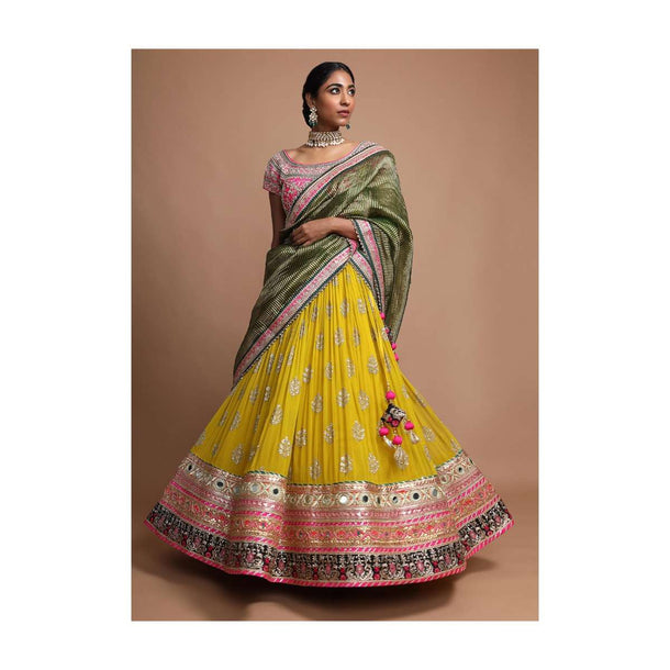 Lemon Yellow Lehenga Choli With Heavy Mirror And Gotta Work Border