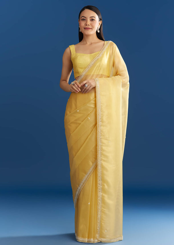 Lemon Yellow Organza Tissue Saree With Beaded Border