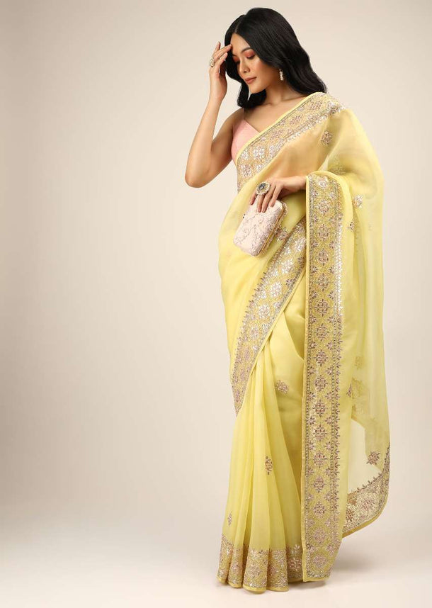 Lemon Yellow Saree In Organza With Gotta Patti And Cut Dana Embroidered Border And Butti Design