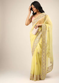 Lemon Yellow Saree In Organza With Gotta Patti And Cut Dana Embroidered Border And Butti Design