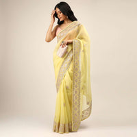 Lemon Yellow Saree In Organza With Gotta Patti And Cut Dana Embroidered Border And Butti Design