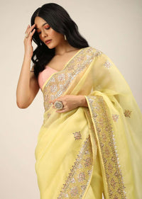 Lemon Yellow Saree In Organza With Gotta Patti And Cut Dana Embroidered Border And Butti Design