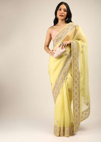 Lemon Yellow Saree In Organza With Gotta Patti And Cut Dana Embroidered Border And Butti Design