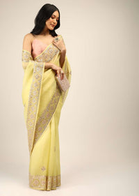 Lemon Yellow Saree In Organza With Gotta Patti And Cut Dana Embroidered Border And Butti Design