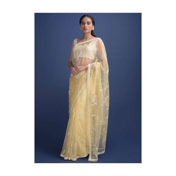 Lemon Yellow Saree In Organza With Net Applique And Embroidery Work Online - Kalki Fashion