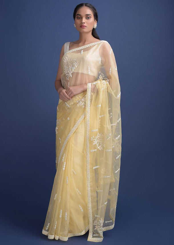 Lemon Yellow Saree In Organza With Net Applique And Embroidery Work Online - Kalki Fashion