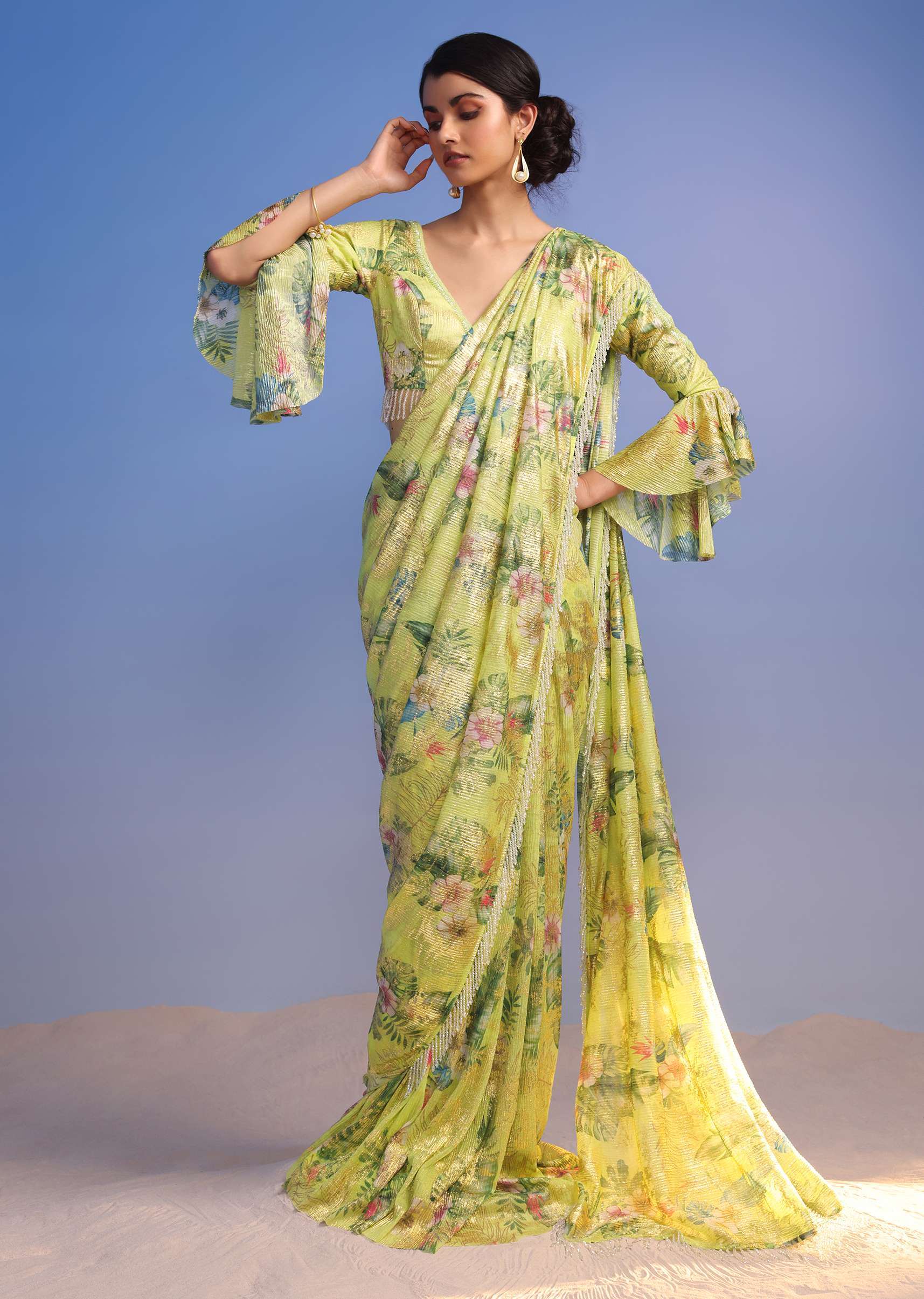 Lemon Green Ready-To-Wear Saree In Crush With Floral Print And Stone Tassel Border