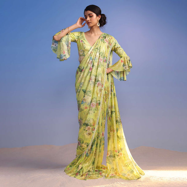 Lemon Green Ready-To-Wear Saree In Crush With Floral Print And Stone Tassel Border