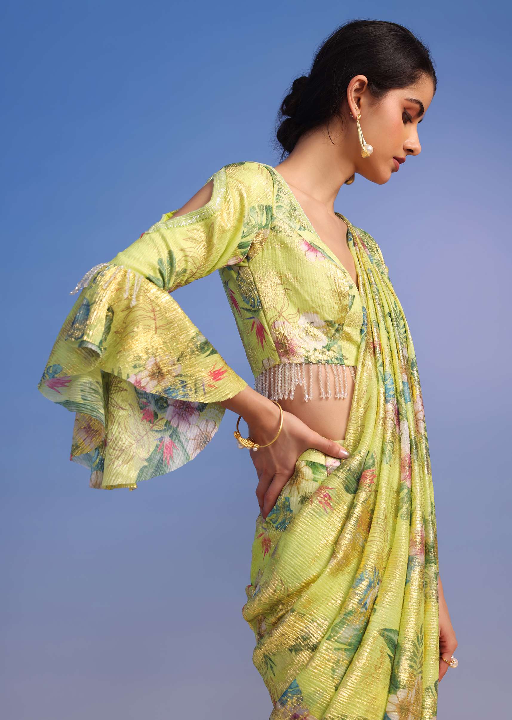 Lemon Green Ready-To-Wear Saree In Crush With Floral Print And Stone Tassel Border