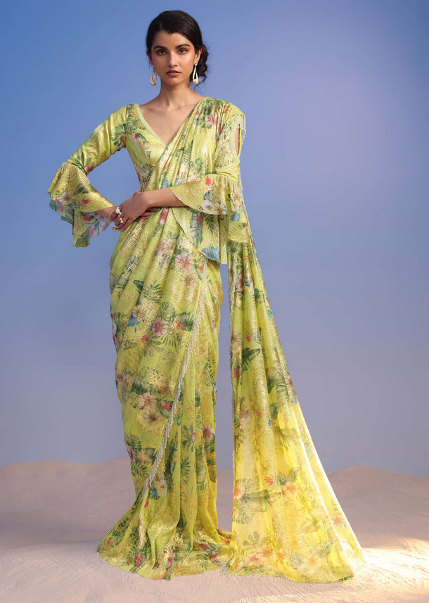 Lemon Green Ready-To-Wear Saree In Crush With Floral Print And Stone Tassel Border