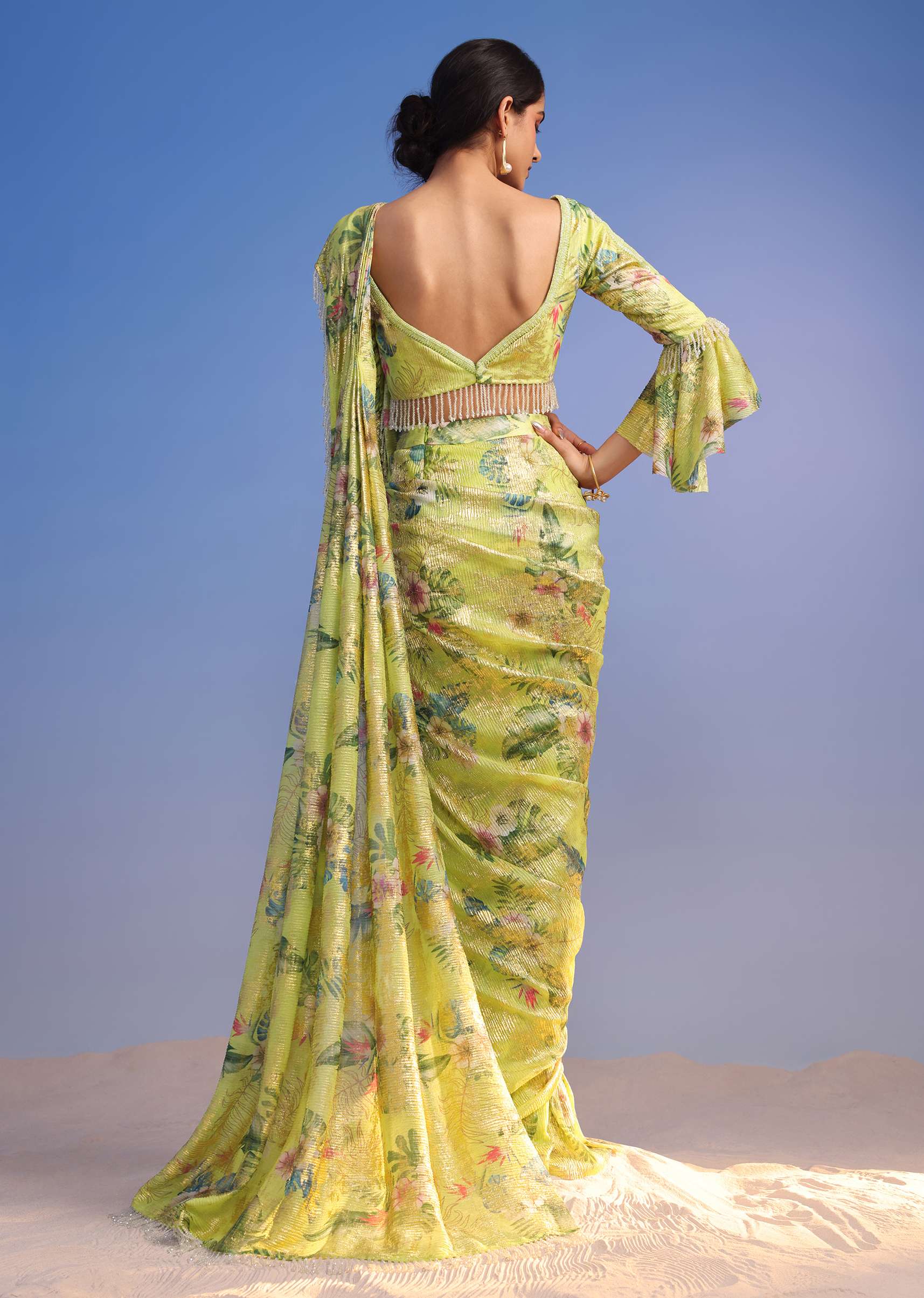 Lemon Green Ready-To-Wear Saree In Crush With Floral Print And Stone Tassel Border