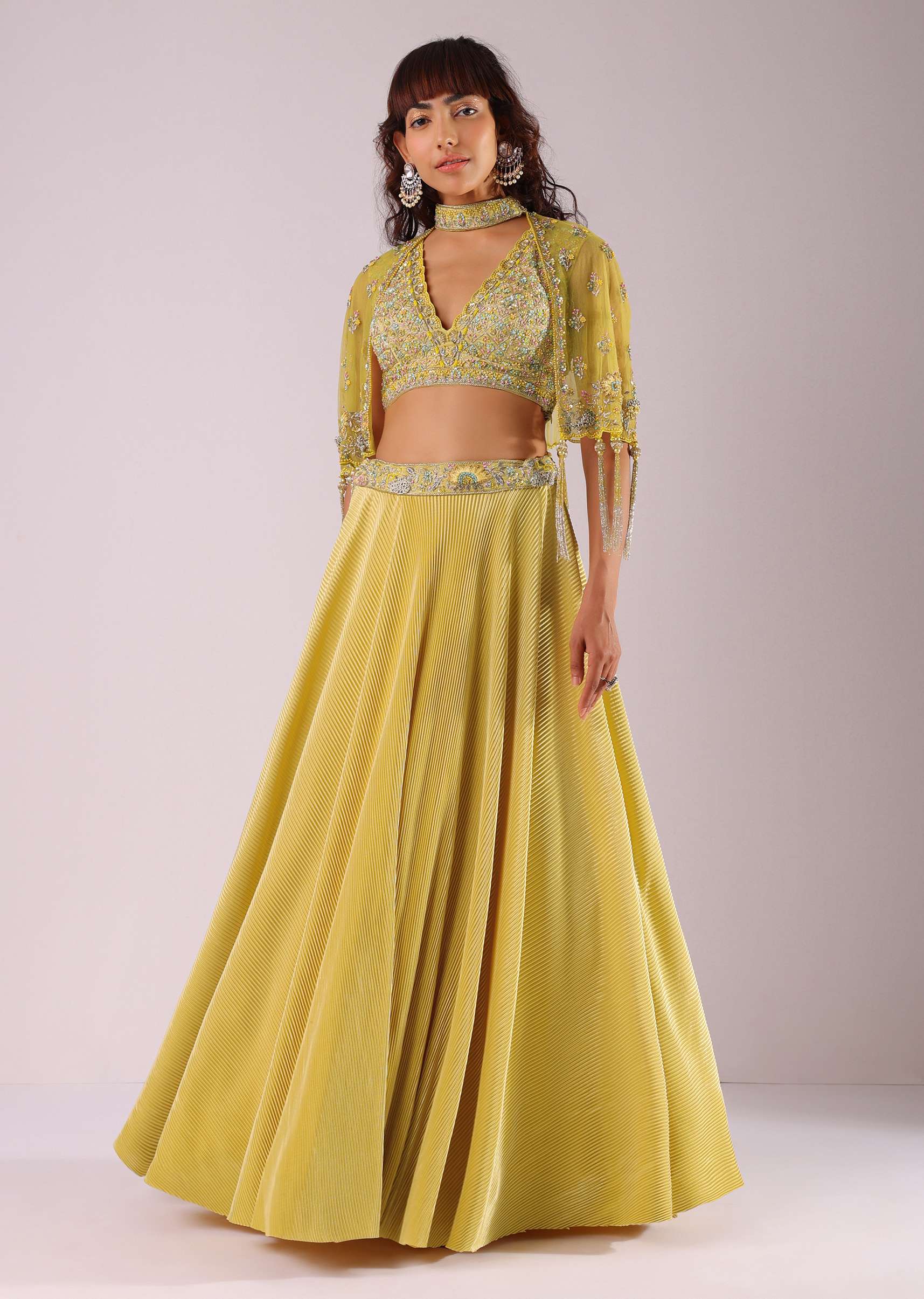 Lemon Yellow Embroidered Lehenga Set In Knit Fabric With Net Cape