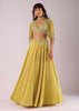 Lemon Yellow Embroidered Lehenga Set In Knit Fabric With Net Cape