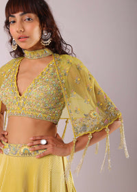 Lemon Yellow Embroidered Lehenga Set In Knit Fabric With Net Cape