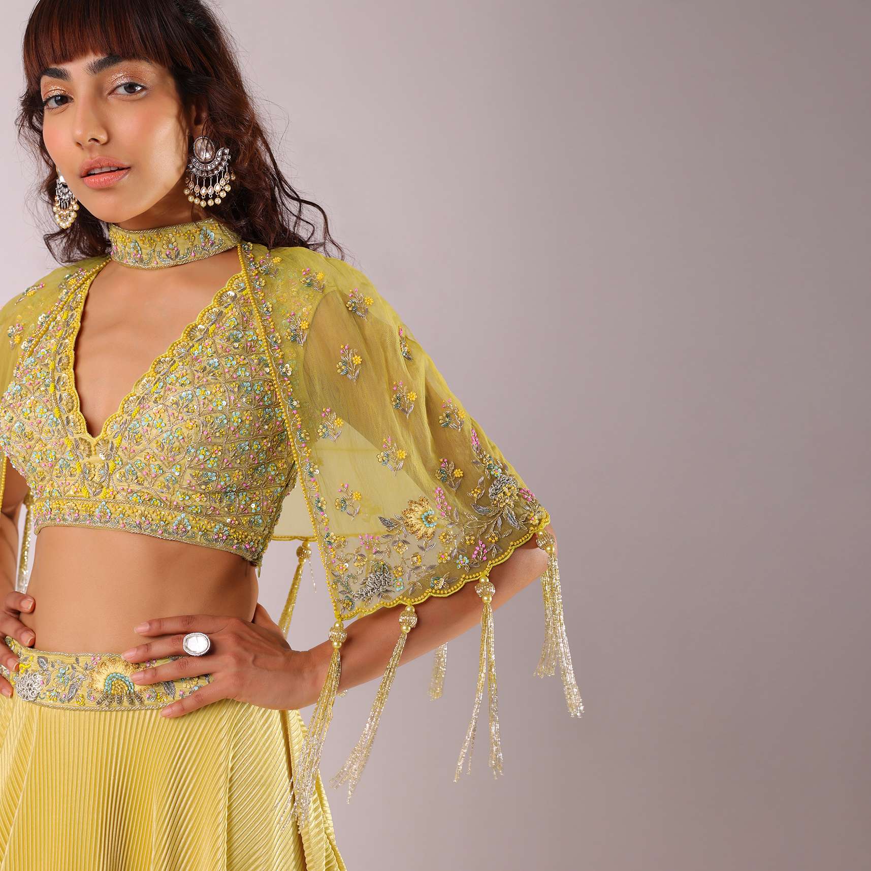 Lemon Yellow Embroidered Lehenga Set In Knit Fabric With Net Cape