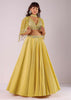 Lemon Yellow Embroidered Lehenga Set In Knit Fabric With Net Cape