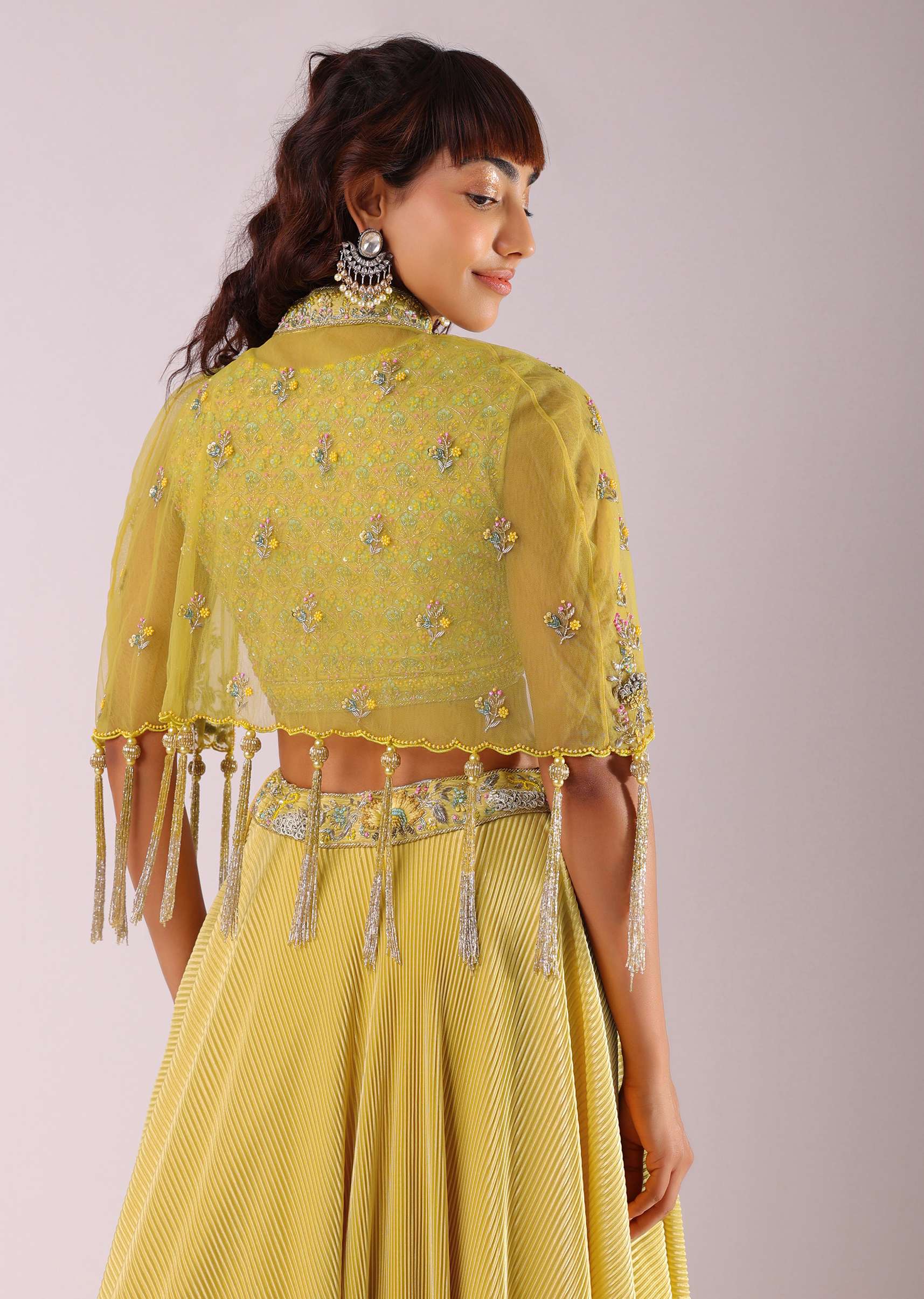 Lemon Yellow Embroidered Lehenga Set In Knit Fabric With Net Cape