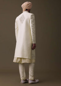 Lemon Yellow Embroidered Sherwani Set In Silk With Mala And Anarkali Line Kurta