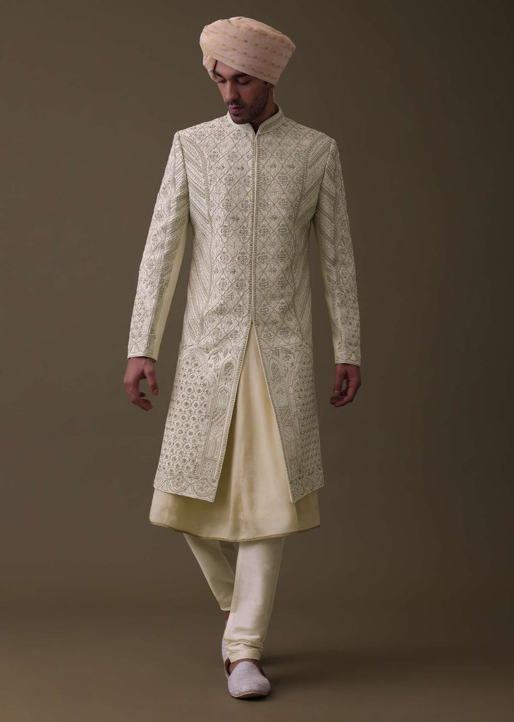 Lemon Yellow Embroidered Sherwani Set In Silk With Mala And Anarkali Line Kurta