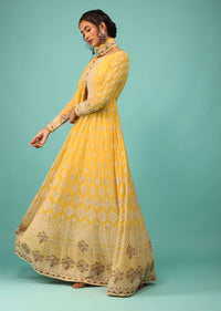 Lime Yellow Anarkali Suit In Georgette With Floral Embroidery