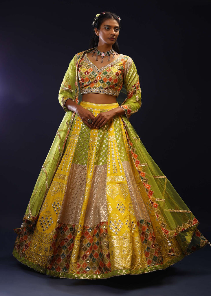 Lemon Yellow And Lime Green Brocade Lehenga Choli With Multi Colored Moroccan Print