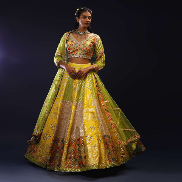 Lemon Yellow And Lime Green Brocade Lehenga Choli With Multi Colored Moroccan Print