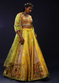 Lemon Yellow And Lime Green Brocade Lehenga Choli With Multi Colored Moroccan Print