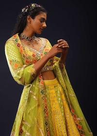 Lemon Yellow And Lime Green Brocade Lehenga Choli With Multi Colored Moroccan Print