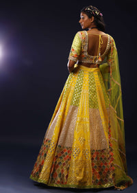 Lemon Yellow And Lime Green Brocade Lehenga Choli With Multi Colored Moroccan Print