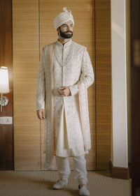 Lemon Yellow Embroidered Sherwani Set In Silk With Mala And Anarkali Line Kurta