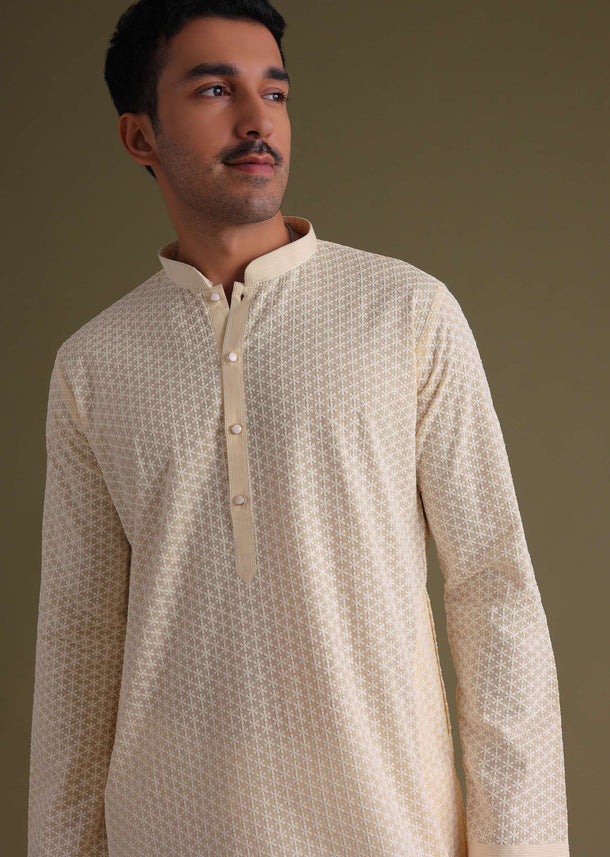 Lemon Yellow Festive Chikankari Kurta Set In Lucknowi