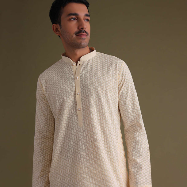 Lemon Yellow Festive Chikankari Kurta Set In Lucknowi