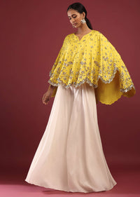 Lemon Yellow High Low Cape And White Palazzo Suit With Sequins And Zardosi Flowers