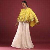 Lemon Yellow High Low Cape And White Palazzo Suit With Sequins And Zardosi Flowers