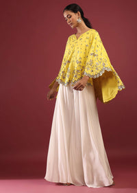 Lemon Yellow High Low Cape And White Palazzo Suit With Sequins And Zardosi Flowers