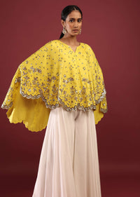 Lemon Yellow High Low Cape And White Palazzo Suit With Sequins And Zardosi Flowers