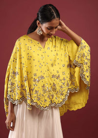 Lemon Yellow High Low Cape And White Palazzo Suit With Sequins And Zardosi Flowers