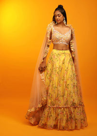 Lemon Yellow Lehenga In Sheer Organza With Floral Print And Sequins Embroidered Sleeveless Choli