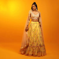 Lemon Yellow Lehenga In Sheer Organza With Floral Print And Sequins Embroidered Sleeveless Choli