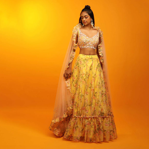 Lemon Yellow Lehenga In Sheer Organza With Floral Print And Sequins Embroidered Sleeveless Choli