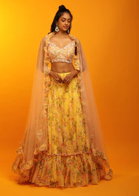 Lemon Yellow Lehenga In Sheer Organza With Floral Print And Sequins Embroidered Sleeveless Choli