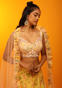 Lemon Yellow Lehenga In Sheer Organza With Floral Print And Sequins Embroidered Sleeveless Choli