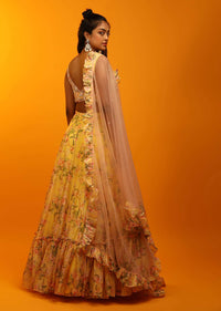 Lemon Yellow Lehenga In Sheer Organza With Floral Print And Sequins Embroidered Sleeveless Choli