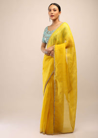 Lemon Yellow Saree In Organza With Cut Dana Border And Firozi Mirror Embroidered Unstitched Blouse