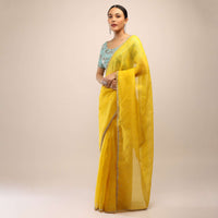 Lemon Yellow Saree In Organza With Cut Dana Border And Firozi Mirror Embroidered Unstitched Blouse