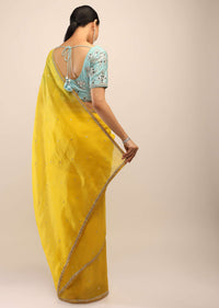 Lemon Yellow Saree In Organza With Cut Dana Border And Firozi Mirror Embroidered Unstitched Blouse