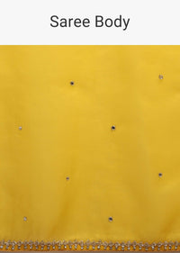 Lemon Yellow Saree In Organza With Cut Dana Border And Firozi Mirror Embroidered Unstitched Blouse