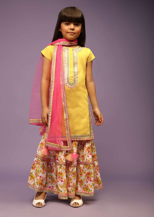 Kalki Girls Lemon Yellow Sharara Suit In Cotton With Floral Print