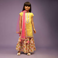 Kalki Girls Lemon Yellow Sharara Suit In Cotton With Floral Print