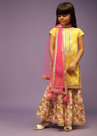 Kalki Girls Lemon Yellow Sharara Suit In Cotton With Floral Print